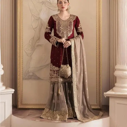 Embroidered Kurta, Palazzo & Dupatta Set