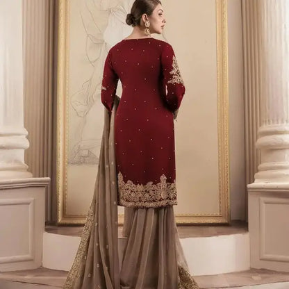 Embroidered Kurta, Palazzo & Dupatta Set