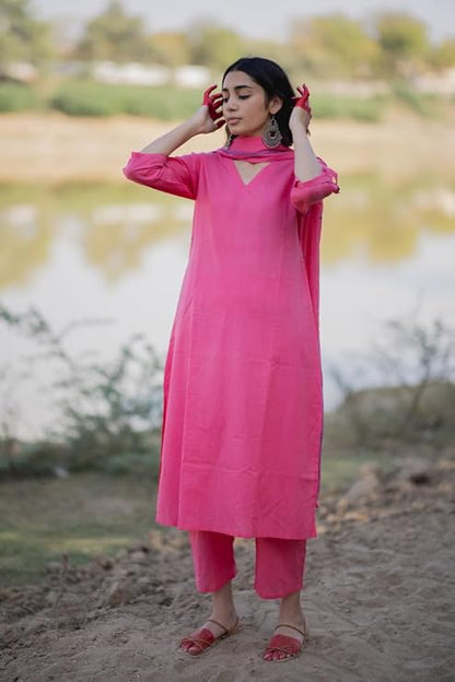 GoSriKi Women's Rayon Blend Solid Straight Kurta with Pant & Dupatta